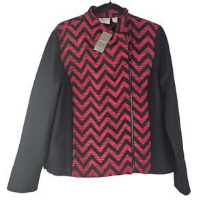 NEW Chico's 2 Moto Jacket Black Red Jacquard Chevron Career Classic Full Zip